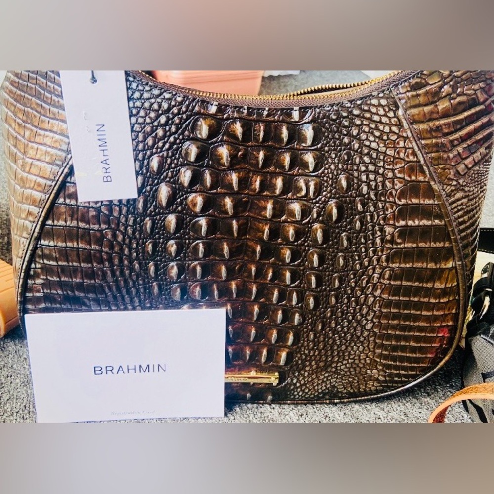 Brahmin Amira Brown Croc-Embossed Shoulder Hobo - Picture 5 of 5